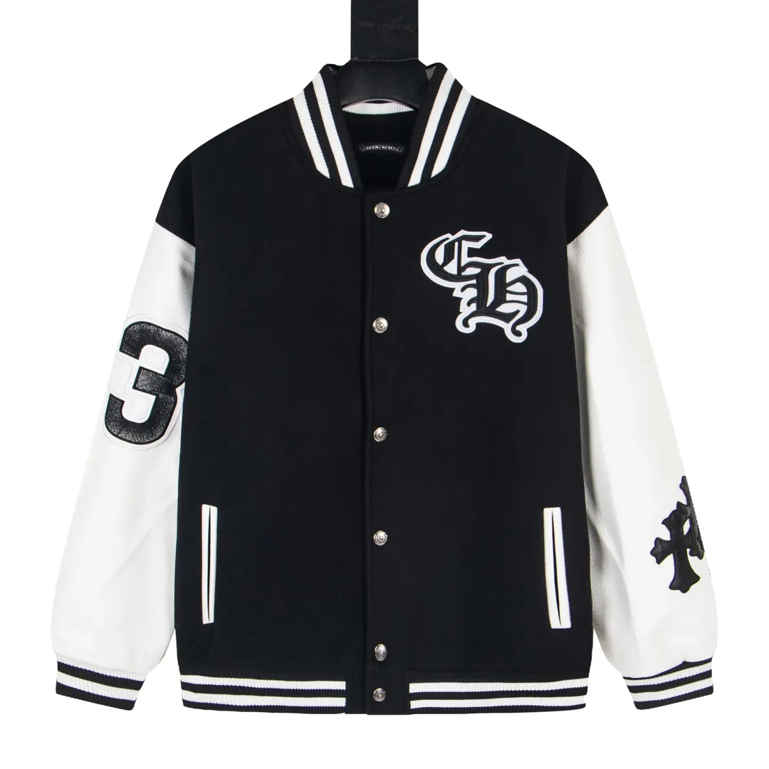 P380 model number Y613 Chrome Hearts Fw25 Chrome Hearts Horseshoe Fighting Rooster Cross Baseball Jacket, same style for men and women, hot new product, original customized woolen fabric with a little thickness, early spring weather is still very good on the upper body, imported spliced pu leather sleeves, original molding and fine leather material, super heavy engineering design on the chest and back, exclusive custom cross metal decoration, customized loose fit, very handsome for both men and women, all details respect the original Mold customization of distressed cross snaps with incomparable distressed texture SIZE:M-XXL